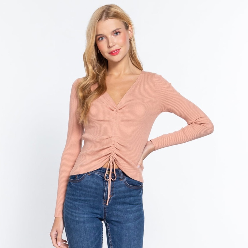 653 Love Tree Pink Ribbed Adjustable lightweight dusty pink Sweater